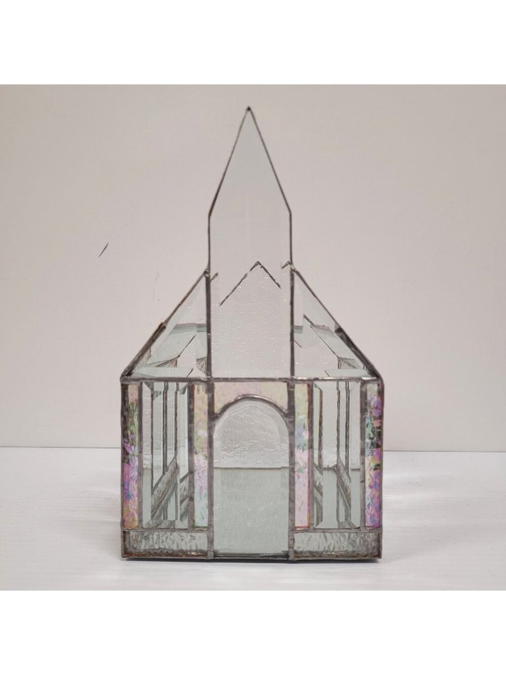 Stained Glass Church Tea Light Candle Holder Cathedral 9'' Clear Iridescent